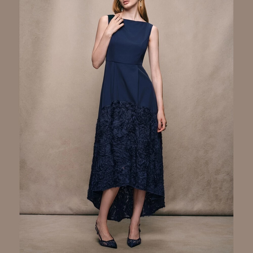 Navy Blue Textured Hem Sleeveless High Low Midi Dress